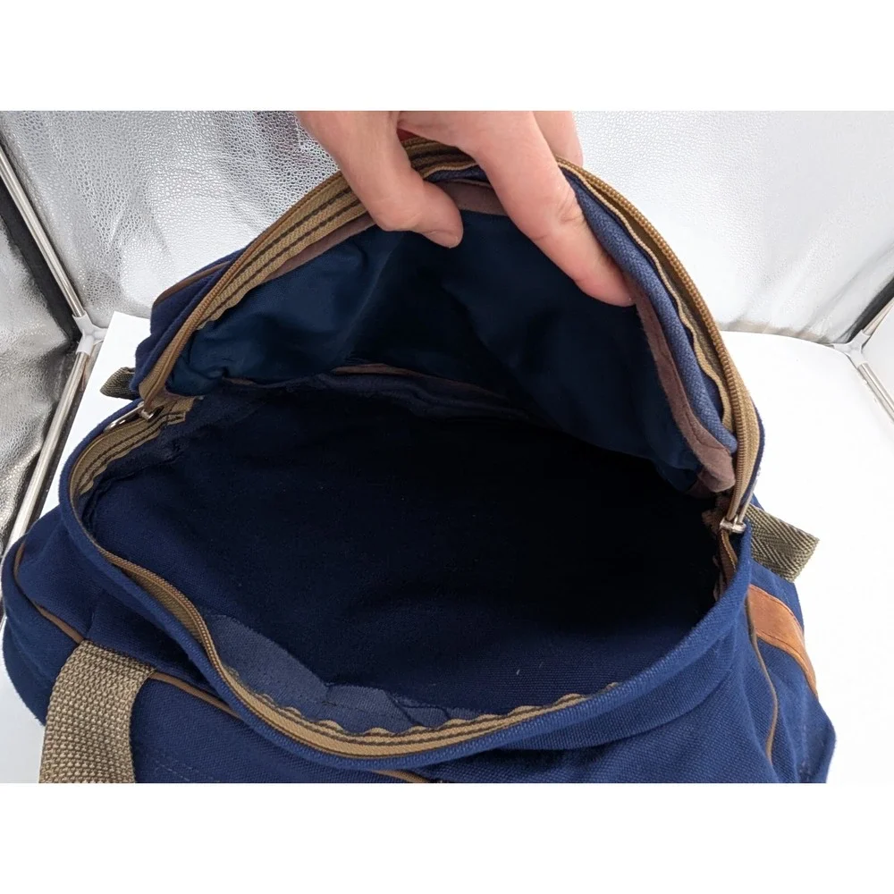 Jansport Messenger Laptop Bag Shoulder Strap Blue Canvas Leather Made In USA VTG